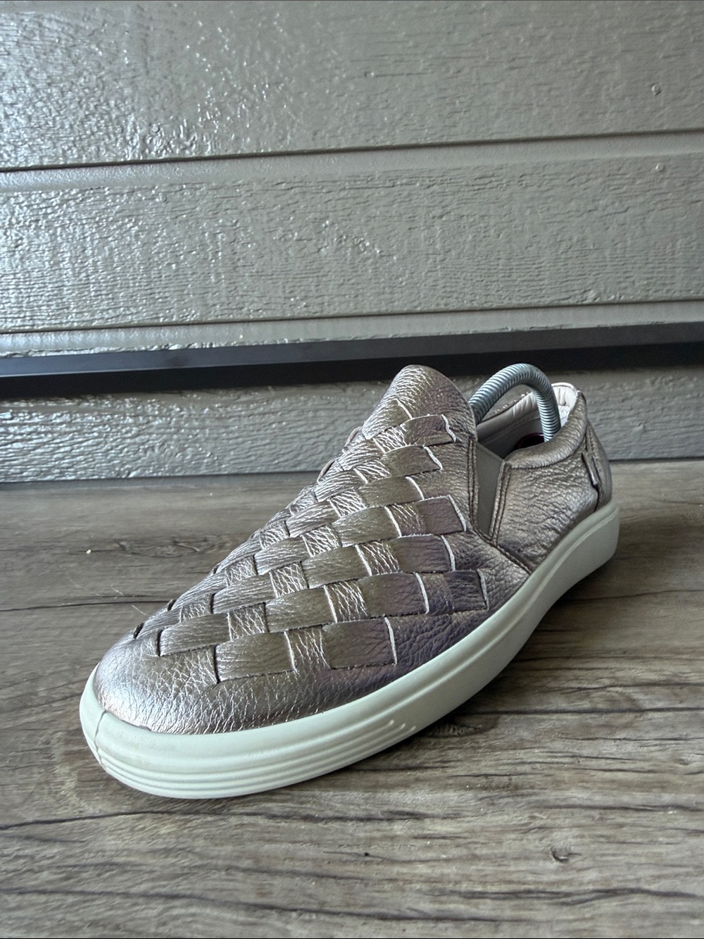 Ecco Women's Metallic Woven Slip-On Moccasin in Taupe size 41